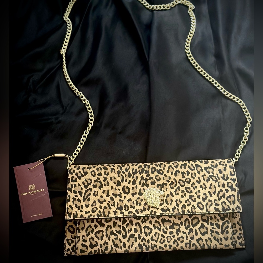Bruno Magli Suede Leopard Spot Print Clutch with Gold Accents